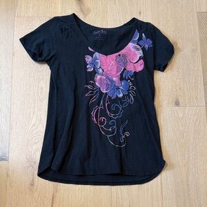 Lucky Brand Black Women’s Short Sleeve Tee w/ Pink & Purple Floral Print size S